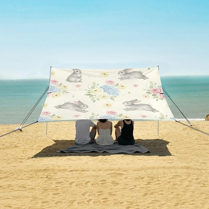 xigua Bunny Beach Tent Sun Shelter with Carrying Bag - Silver Coated Oxford Fabric Beach Canopy for Beach Camping Fishing - Includes Windproof Ropes Sandbags &amp Stakes
