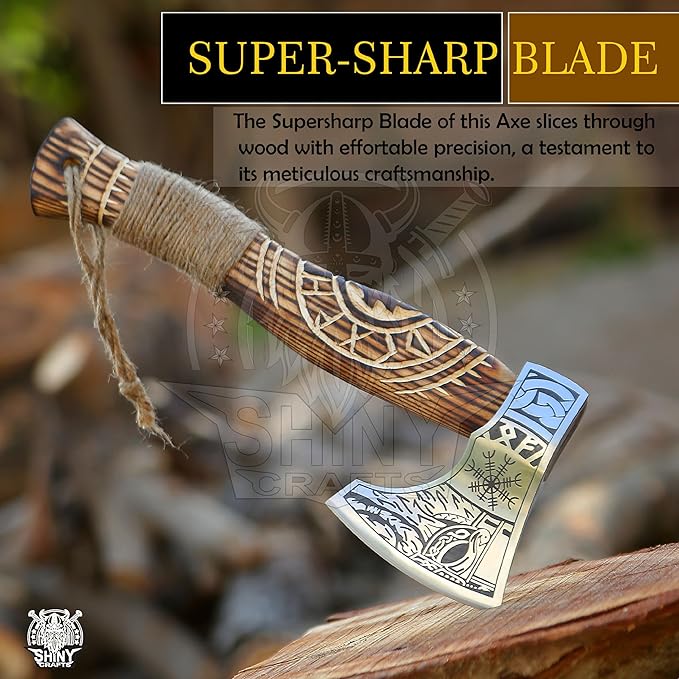 SHINY CRAFTS® Handcrafted Viking Axe – Nordic Engraved Blade with Wooden Handle Unique Gift for Men Collectors and Fantasy Enthusiasts (SCA-014)