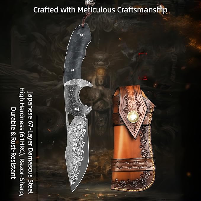 Knives Outdoor Gear Knives 67-Layer Damascus Steel Folding Knife HRC 60 Hand-Carved Vegetable-Tanned Leather Sheath Carbon Fiber Handle Folding Knife Gift Ideas for Men