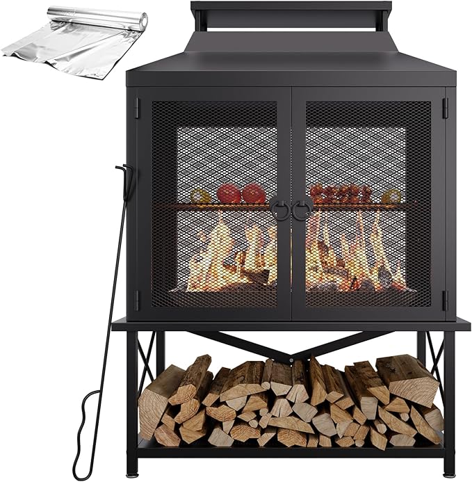 2-in-1 Metal Chiminea Fireplace with GrillWood Burning Outdoor Fireplace with Wood Storage ChimneyMetal Mesh Spark Screenand Fire Tongs Ideal for YardsPatios GardensCampingand Picnics