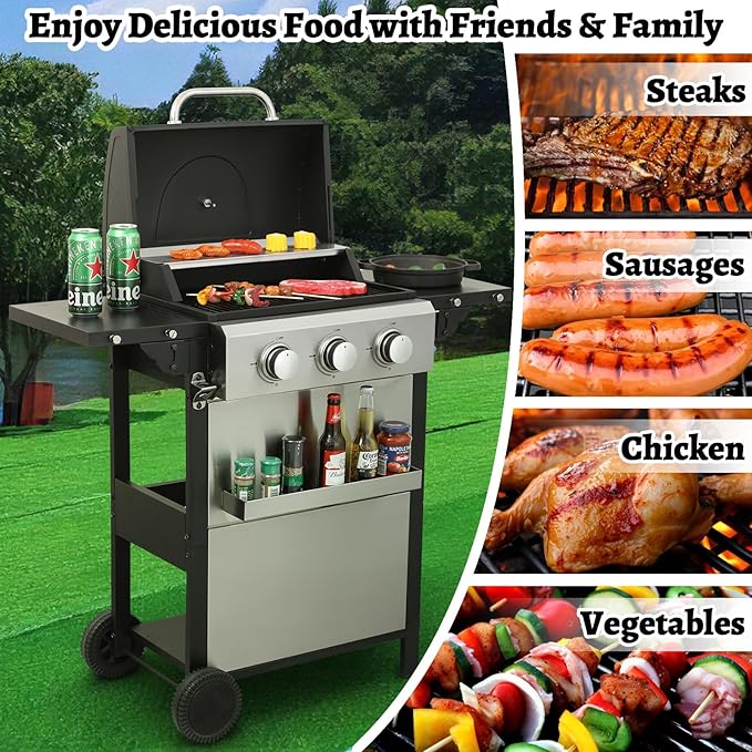 3 Burner Small Propane Gas Grill with Porcelain-Enameled Grates &amp Thermometer Stainless Steel BBQ Grill 25650 BTU with Folding Side Tables for Outdoor Cooking Kitchen Garden Patio