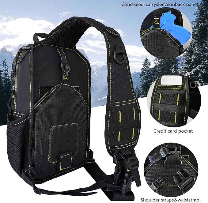 Rover Sling Pack Tactical Shoulder Sling Bag Backpack with Bottle Holder Crossbody Chest Bag Black with Yellow