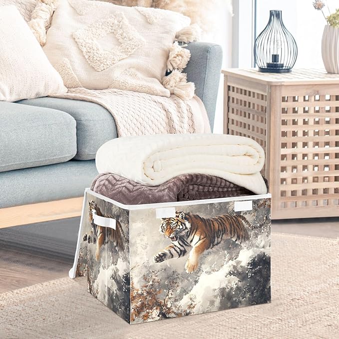 Storage Cube with Lid Snow Animal Print 16.5×12.6×11.8 IN Collapsible Large Capacity Foldable Storage Basket Bin Organizer