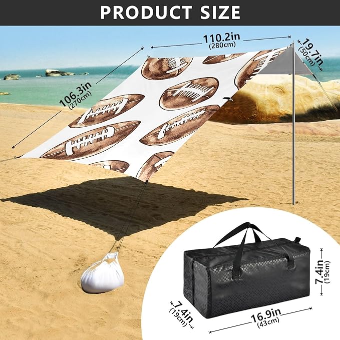 ALAZA Football Brown Helmet Pattern Beach Tent Sun Shelter Portable Canopy Sunshade for Outdoor Camping Picnics Backyard Fun 10x9 ft