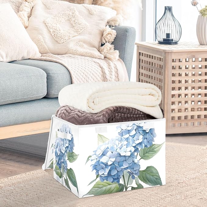 ALAZA Storage Bins Organizer Box Baskets Lidded Clothes for Shelves Closet Hydrangea Flower Blue Collapsible Stackable Storage Cubes Handles