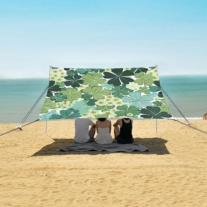 St Patrick's Shamrocks Floral Beach Tent Sun Shelter Set UPF50+ UV Protection 10.5 x 9.19 FT Camping Shade Canopy with Sandbags Sand Anchors Carrying Bag and Others