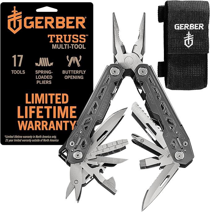 Gerber Gear Truss 17-in-1 EDC Needle Nose Pliers Multi tool - includes Pocket Knife Screwdriver and Bottle Opener Accessories - Gifts for Men Fishing and Camping Gear - Gray with Standard Sheath