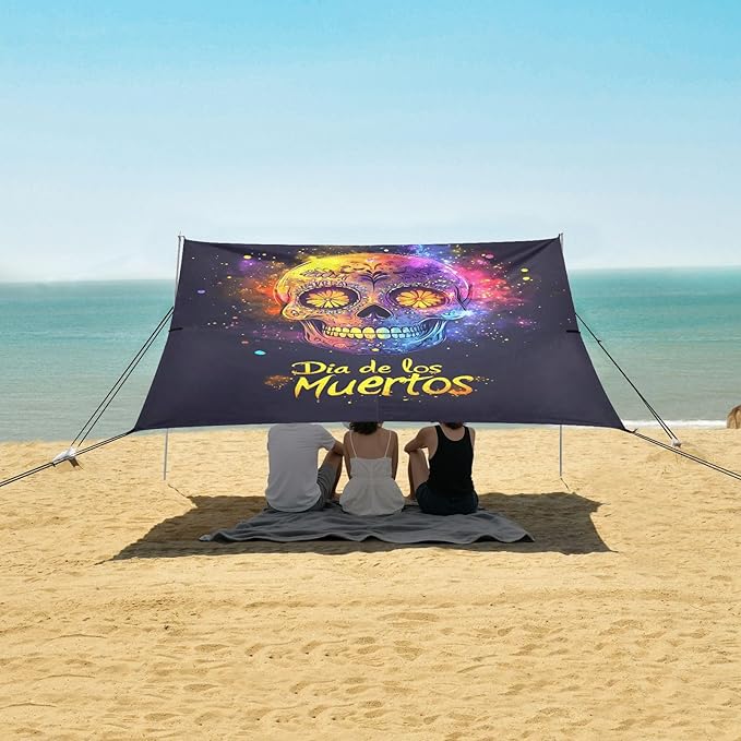 ALAZA Sugar Skull Dia De Los Muertos Beach Tent Sun Shelter UPF50+ Protection Beach Shade Canopy w/ 4 Sandbags for Outdoor Camping Fishing Backyard Fun Picnic 10x9 ft