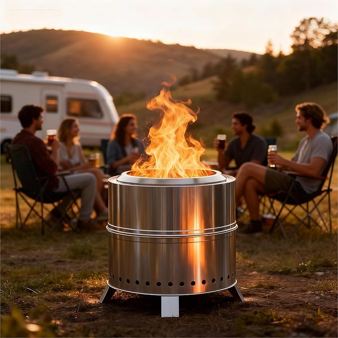 Breezz Smokeless Fire Pit 19.3 Inch Stainless Steel Outdoor Wood Burning Firepit with Carry Bag Portable Bonfire Stove for Backyard Patio Camping and Picnic Efficient Airflow &amp Low Smoke Desi