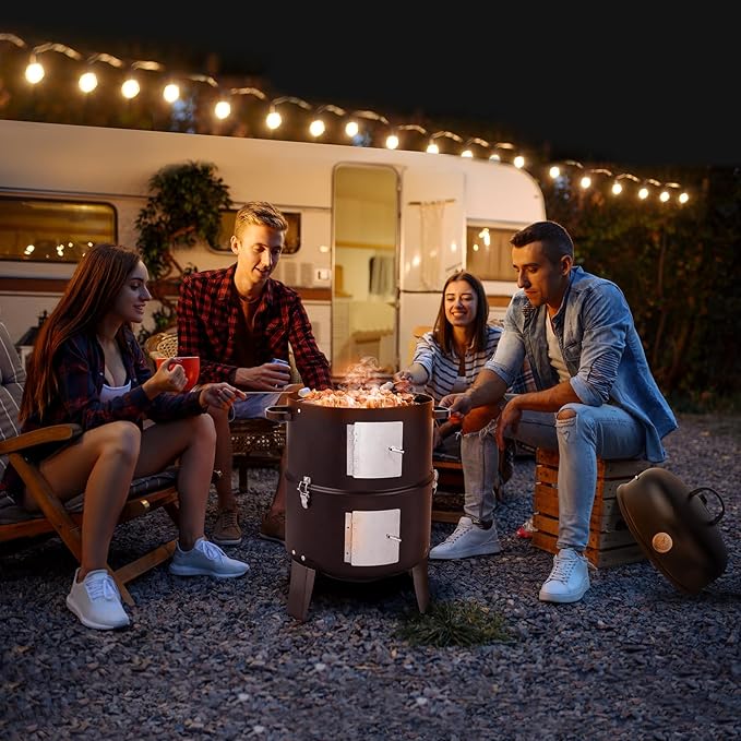 Vertical Charcoal Smoker Grill - Heavy Duty Double Layer Outdoor BBQ Smoker with Built-in Thermometer 453 sq in Cooking Space Portable Steel Design for Backyard Camping &amp Parties (Black)