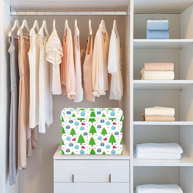 File Organizer Box Decorated Green Trees Storage Bin with Lid Foldable Baskets for Office Document Storage 11.8x12.6 x16.5