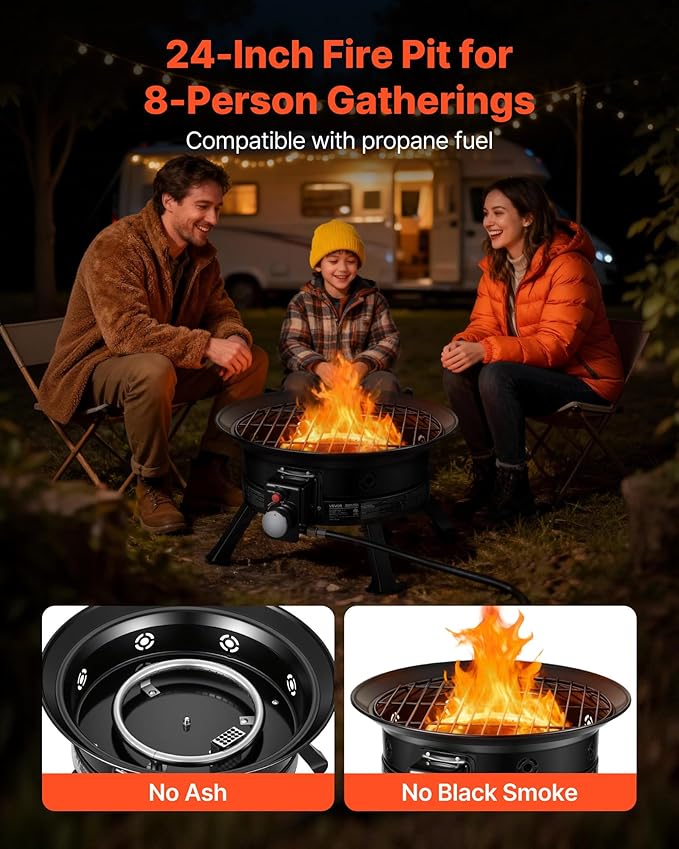 VEVOR Propane Fire Pit 24-Inch 53000 BTU Portable Gas Fire Pit with Grill Grate &amp Lava Rocks Adjustable Flame Folding LegsSmokeless Outdoor Firebowl for Camping Patio Backyard Deck RV B