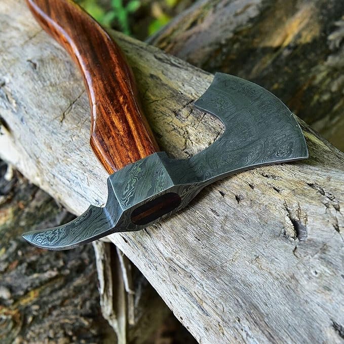Handmade Damascus Steel Siking Tomahawk Axe for Camping Viking and Hnting Axe with Leather Sheath