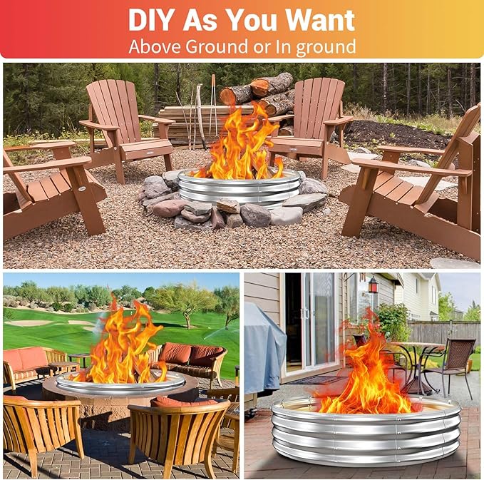 60 Inch Extra Large Fire Pit Ring for Outside Heavy Duty Wood Burning Firepits &amp Outdoor Fireplace12'' Tall High Heat Resistant Fire Bowl Galvanized Steel Portable for Backyard BonfirePatioCam