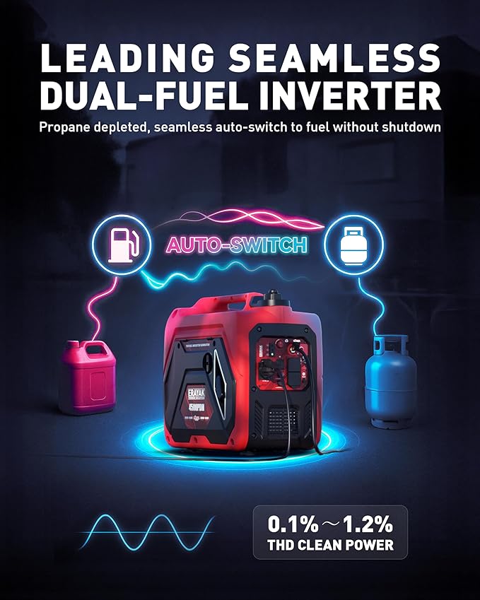 ERAYAK 4500W Dual-Fuel Portable Inverter Generator for Home Use Camping Outdoor 30A RV Ready Auto Switch Gas and Propane Powered EPA CO Sensor Parallel Ready Campact Design