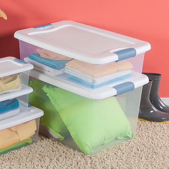 Sterilite 24-Pack Latching Box Under Bed Storage Bins with Lids Clear Plastic 32 Quart - Heavy-Duty Organizing Containers for Closet Bathroom and Office