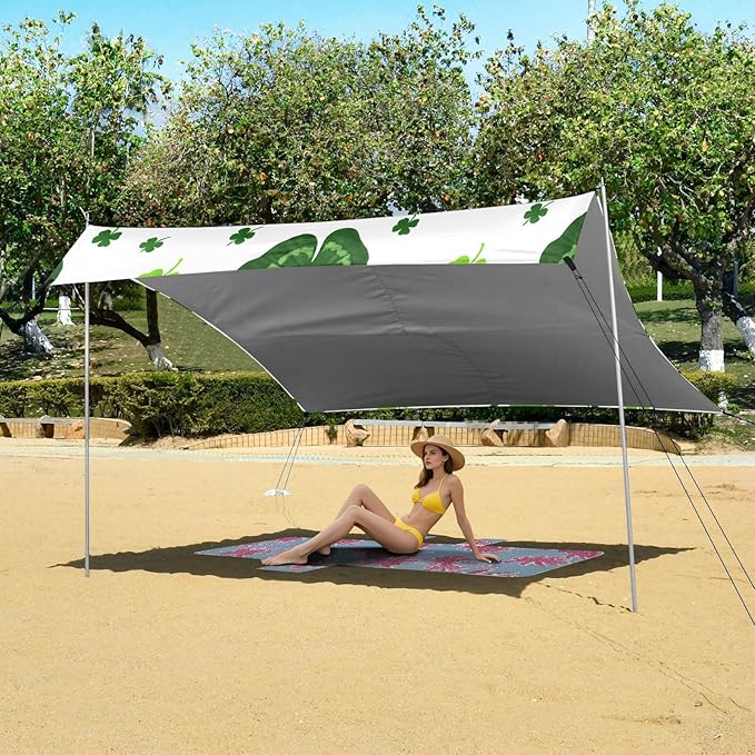 Beach Canopy with Windproof Ropes &amp Sandbags Beach Tent Sun Shade Sun Shelter for Camping Trips Fishing Backyard Fun or Picnics St. Patrick's Day Clover