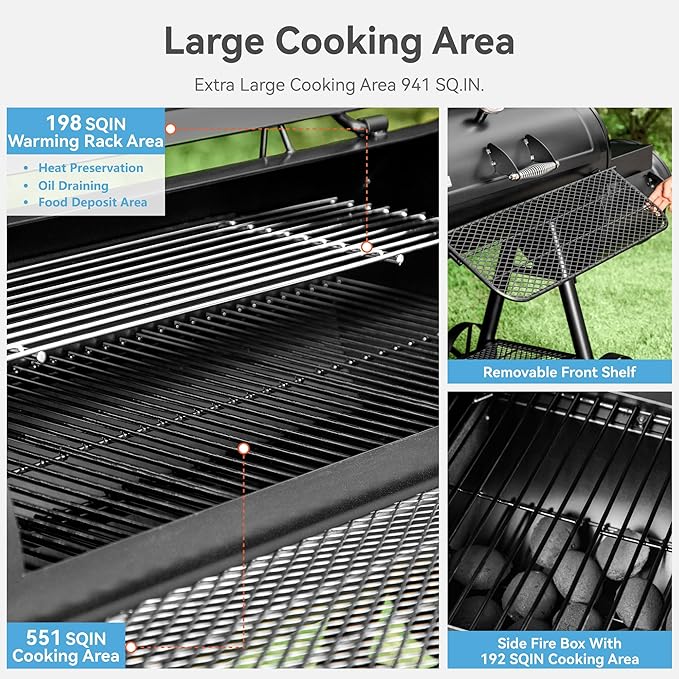 GREEN PARTY Offset Smoker Charcoal Grills with 37 Inch Cook Chamber Barrel Smoker and Charcoal Grill Combo 941 Sq. In. Space Barrel Smoker Grill for Outdoor BBQ Patio Backyard Cooking
