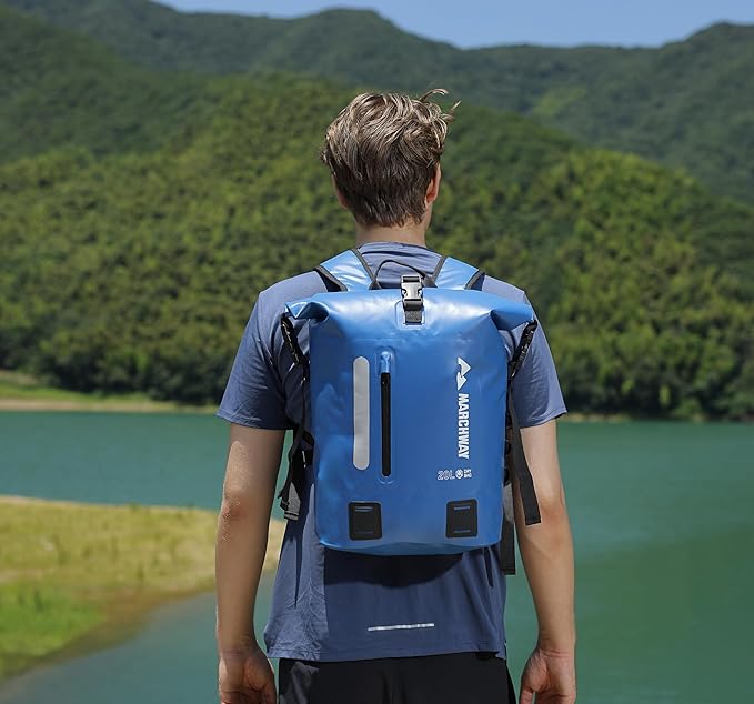 MARCHWAY Roll Top Waterproof Backpack Floating Dry Bag 20L/30L/45L with Ergonomic Rectangular Base Cushioned Back Hip Strap for Hiking Camping Kayaking Travel (Blue 20L)