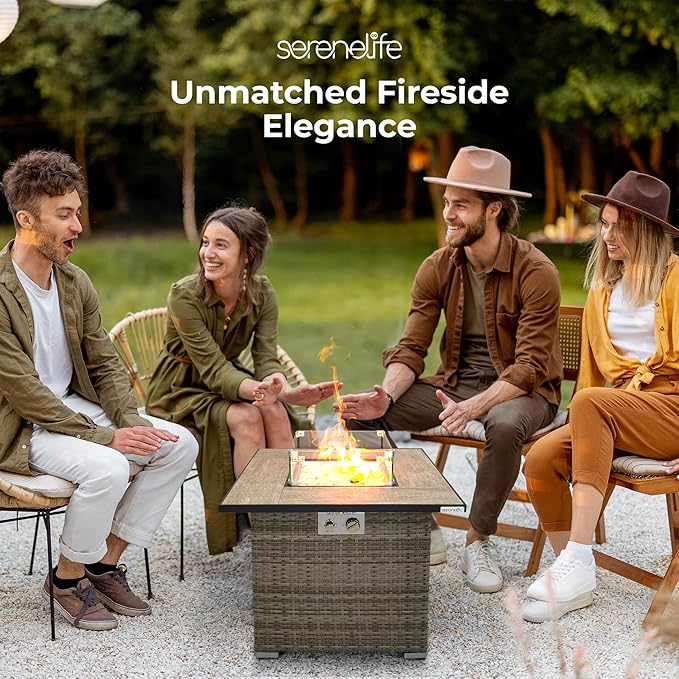 SereneLife Outdoor Propane Fire Pit Table 50000 BTU CSA ETL Certified Square Wicker Gas Fire Table with Tile Top Adjustable Flame Decorative Glass Rocks Weather-Resistant for Patio or Backyard