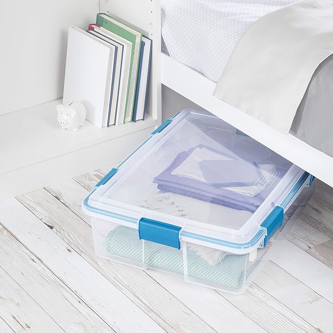Sterilite 37 Qt Gasket Box Stackable Storage Bin with Latching Lid and Tight Seal Plastic Container to Organize Underbed Clear Base and Lid 4-Pack