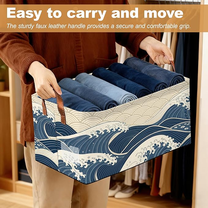 Ocean Waves Storage Bin with Handles Basket Storage Organizer for Shelves Closet Nursery Book Laundry Hamper &amp Home Decor