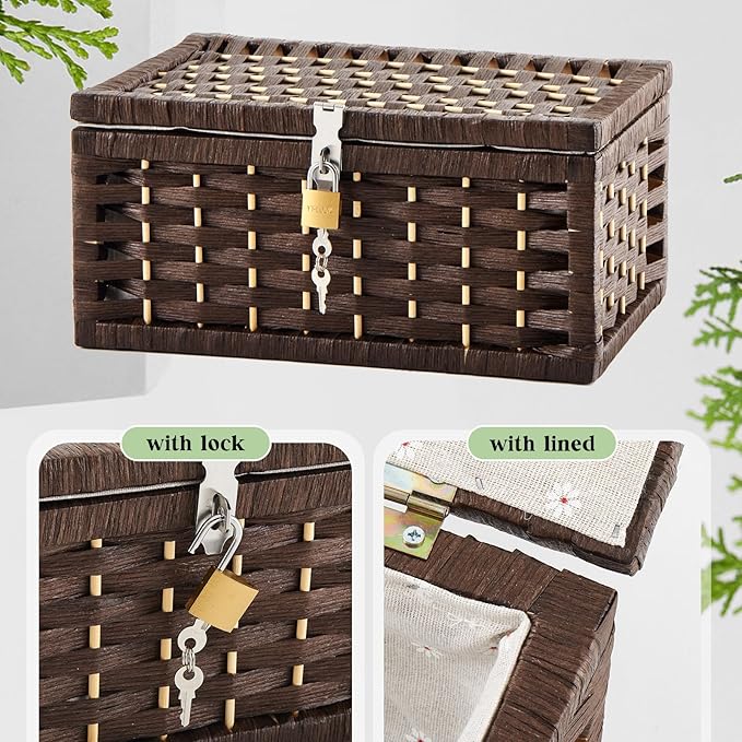 Discreet Lockable Adult Toy bag Storage Organizer Case for Women and Men Adult Wicker Baskets with Lid and Lock 13.8 x 9.8 x 6.3 Inch Box for Toys Valentine's Day Container(Dark Brown)