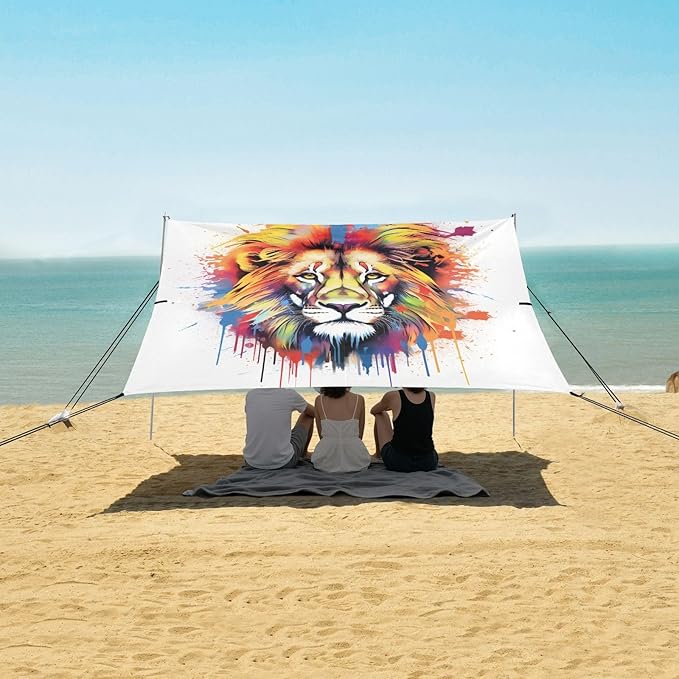 ALAZA Watercolor Lion Beach Tent Sun Shelter UPF50+ Protection Beach Shade Canopy w/ 4 Sandbags for Outdoor Camping Fishing Backyard Fun Picnic 10x9 ft