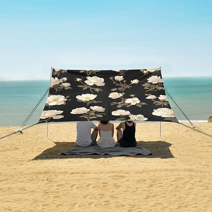 White Rose Beach Tent UPF50+ Protection Lightweight Large Portable Sun Shelter with Sturdy Poles Sandbags and Shovel for Camping Picnics Backyard