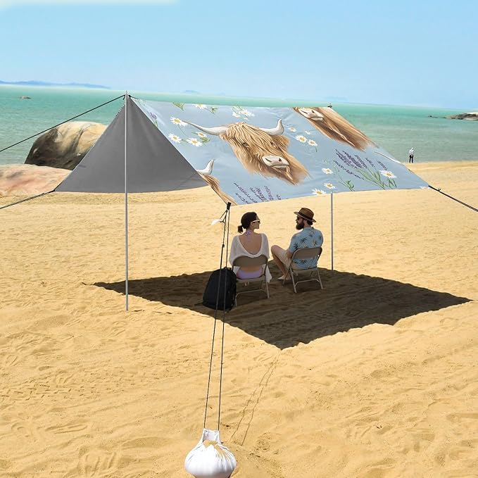 ALAZA Highland Cattle Lavender Pattern Beach Tent Sun Shelter Portable Canopy Sunshade for Outdoor Camping Picnics Backyard Fun 10x9 ft