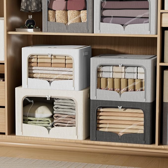 FHSQX 3 Pack Clothes Storage Bins - Foldable Metal Frame Storage Box - Stackable Linen Fabric Container Organizer Set with Carrying Handles and Clear Window (Dark Gray 19.7x15.7x13inch(66L))