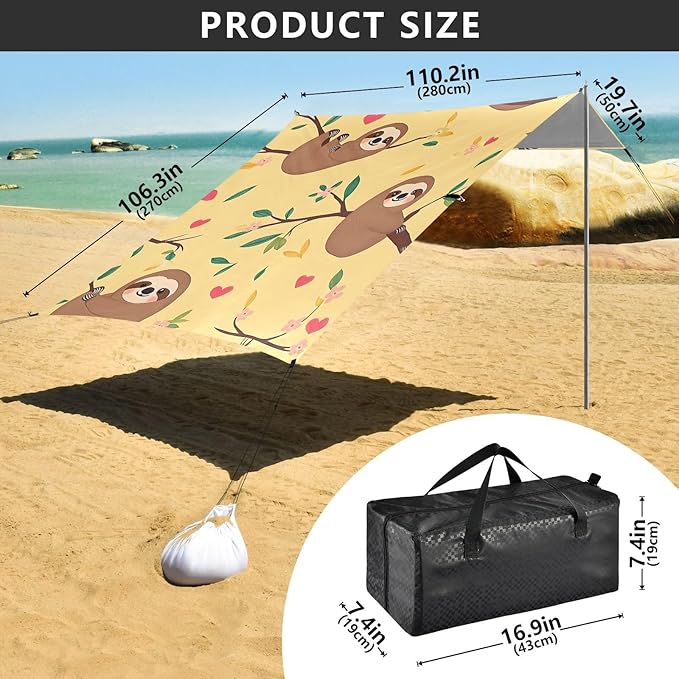 ALAZA Sloth Branch Love Pattern Beach Tent Sun Shelter Portable Canopy Sunshade for Outdoor Camping Picnics Backyard Fun 10x9 ft