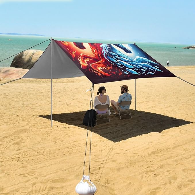 ALAZA Horse Fire &amp Ice Beach Tent Sun Shelter UPF50+ Protection Beach Shade Canopy w/ 4 Sandbags for Outdoor Camping Fishing Backyard Fun Picnic 10x9 ft