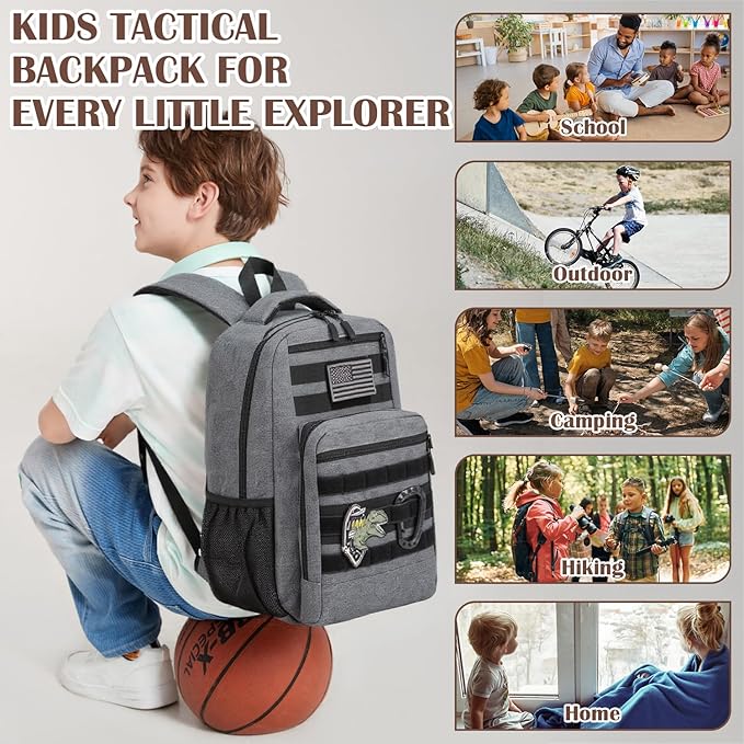 Kids Tactical Backpack Army Molle Bookbag Military Boys Backpack for School Outdoor Camping Grey