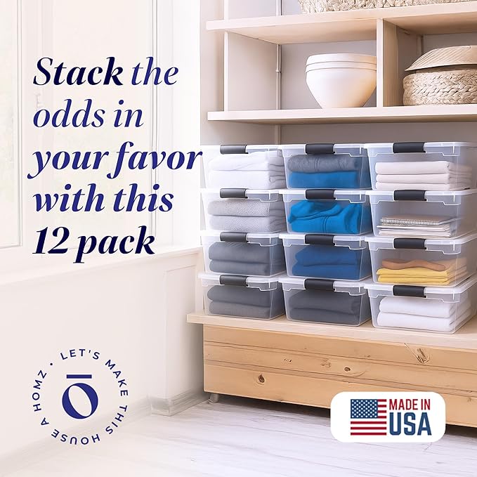 HOMZ 12-Pack Secure Latch Clear Plastic Storage Organizer Bins 15.5 Quart Gray Latches - Stackable Organizing Containers for Home Garage and Office