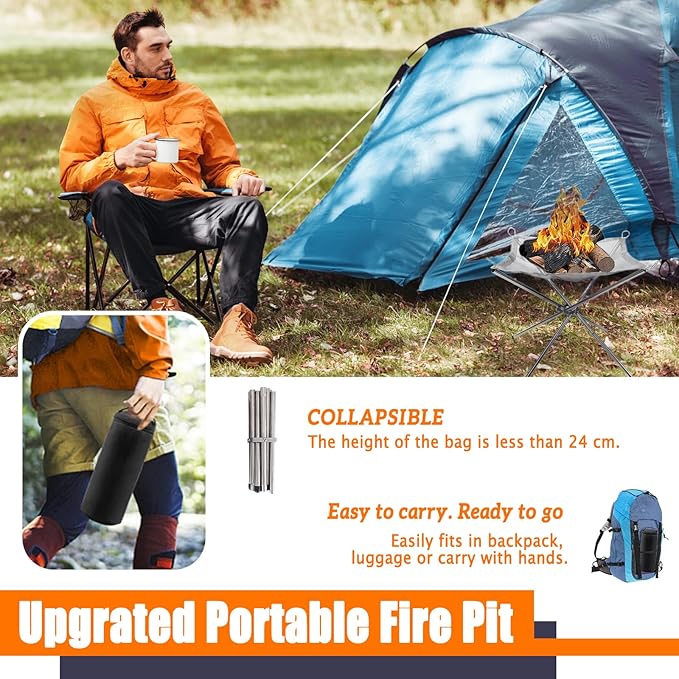 22 inch Portable Outdoor Fire Pit for Camping Upgrade Foldable Stainless Steel Mesh Fire Pits for Outside Wood Burning Collapsible Fireplace for PatioCampingBonfireBackyardGardenBBQ