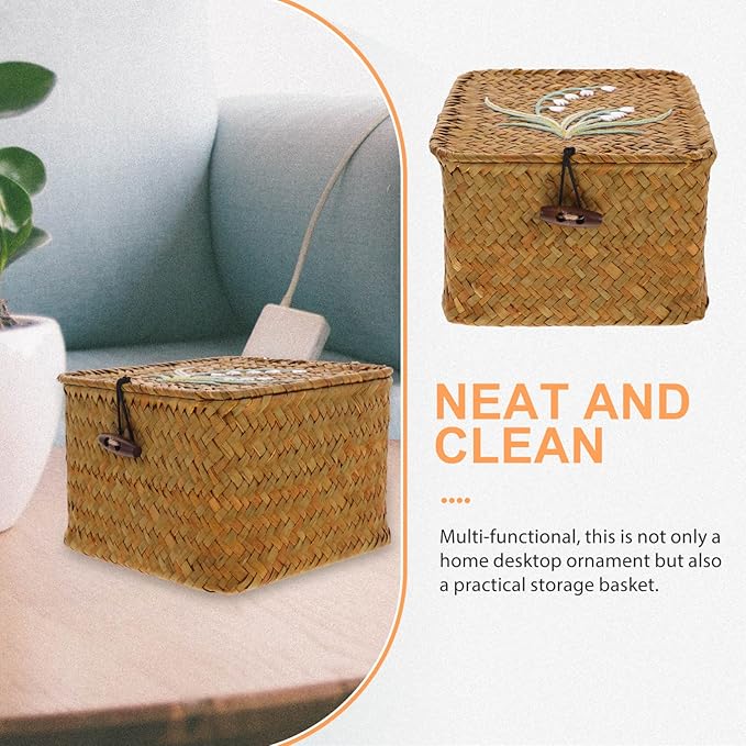 Hand Woven Lidded Storage Basket Woven Basket for Home Desktop Organizer Rattan Box