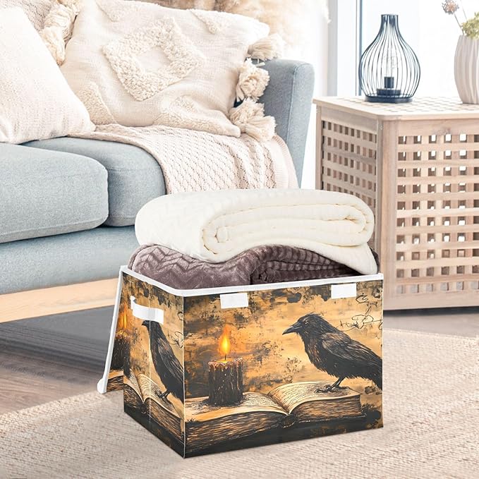 Storage Cube with Lid Gothic Crow Book Print 16.5×12.6×11.8 IN Collapsible Large Capacity Foldable Storage Basket Bin Organizer