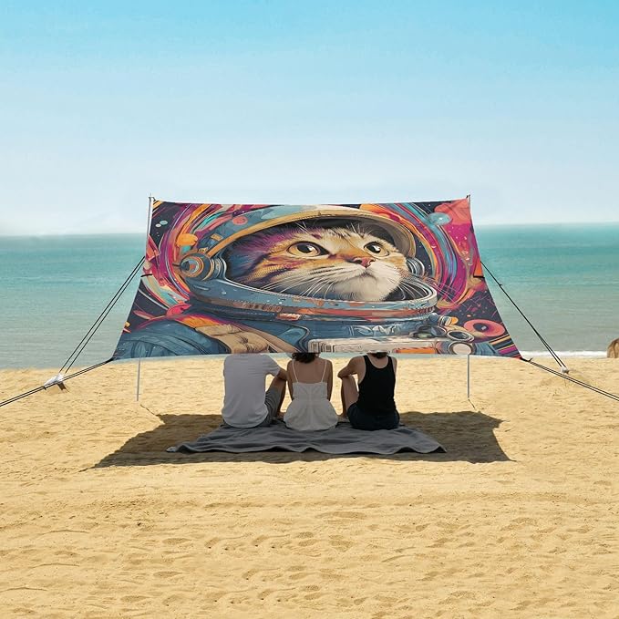 ALAZA Cute Cat Astronaut Beach Tent Sun Shelter Portable Canopy Sunshade for Outdoor Camping Picnics Backyard Fun 10x9 ft