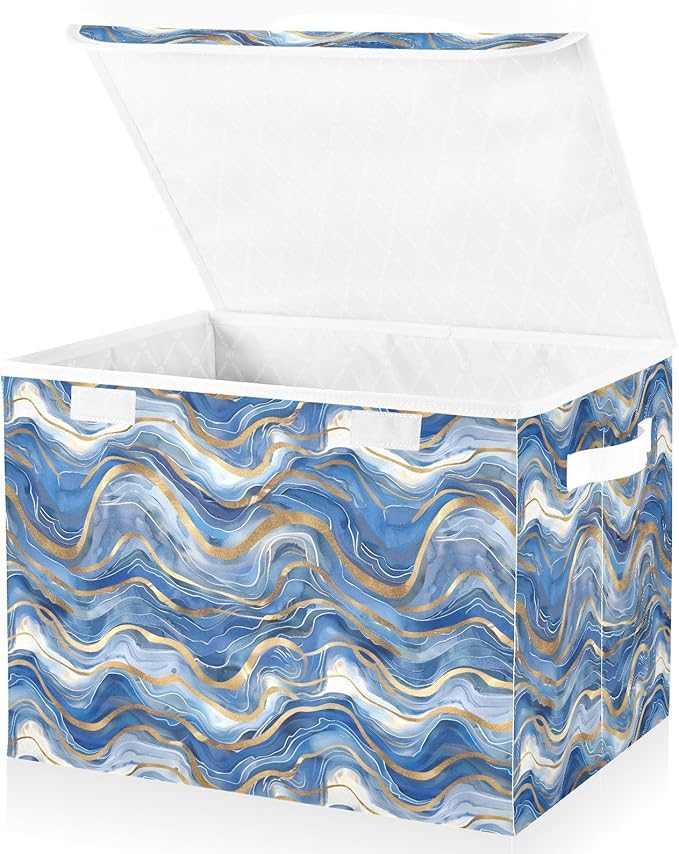 senya Large Storage Bins with Linen Collapsible Foldable Storage Cubes Fabric Closet Organizer Containers Box with Flip-Top Lid Home Bedroom Office 16.7 x 12.6 x 11.8in (Blue Gold)