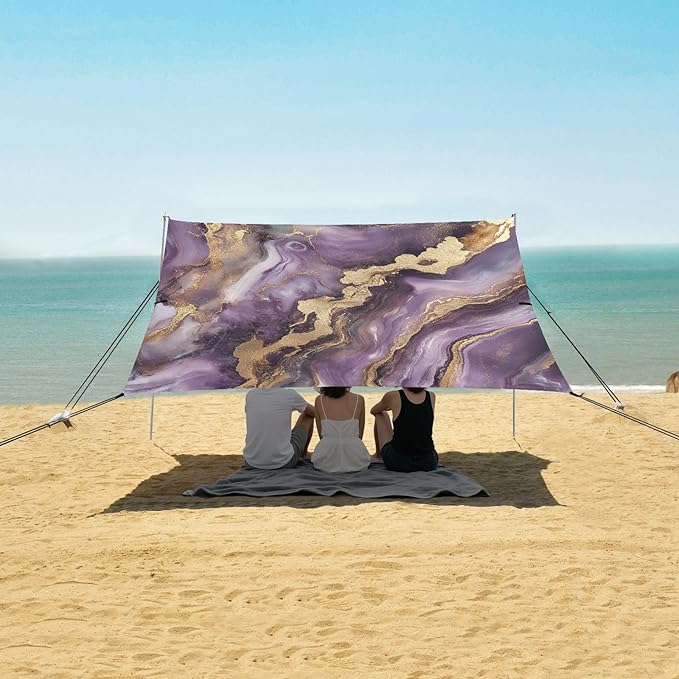 Purple and Gold Marble Texture Beach Tent &amp Canopy UPF50+ Protection Water-Resistant Sun Shelter with Sand Shovel for Backyard and Camping
