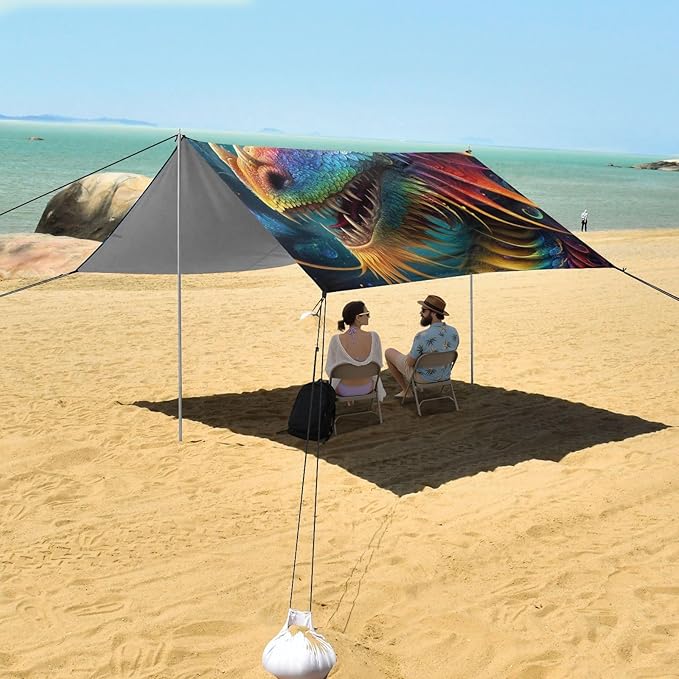 ALAZA Friendly Rainbow Dragon Portrait Beach Tent Sun Shelter UPF50+ Protection Beach Shade Canopy w/ 4 Sandbags for Outdoor Camping Fishing Backyard Fun Picnic 10x9 ft