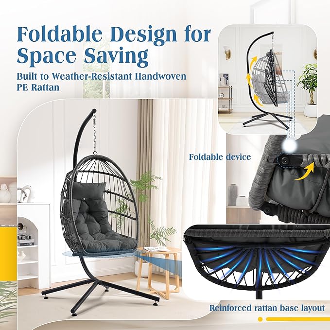 Hanging Egg Chair with Stand Foldable Hanging Chair with Cushion Wicker Rattan Hammock Swing Chair Indoor Outdoor Lounging Chair 350 LBS Capacity for Patio Bedroom Balcony Garden