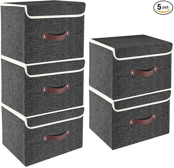 TYEERS Foldable Storage Boxes with Lids 5 Pack Fabric Storage Bins with Lids Closet Organizers for Clothes Storage Room Organization Office Storage Toys - Black