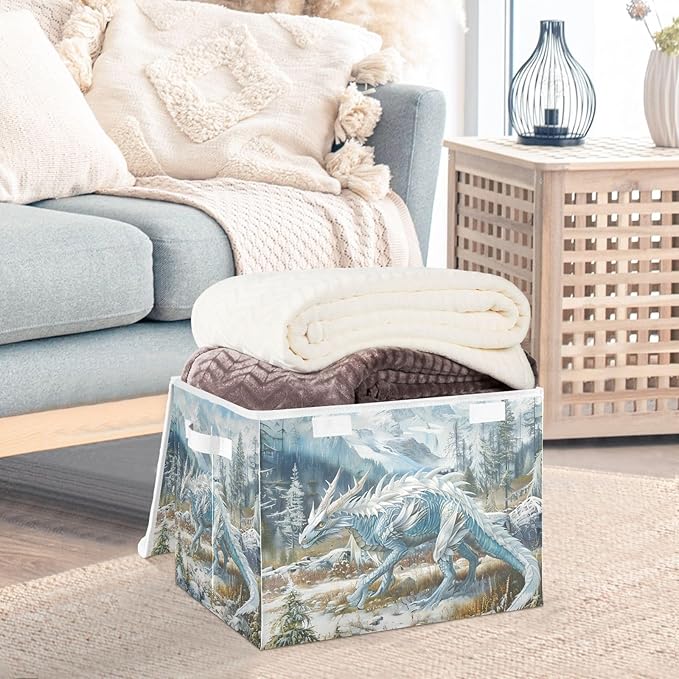 ALAZA Storage Bins Organizer Box Baskets Lidded Clothes for Shelves Closet Snowy Dragon Collapsible Stackable Storage Cubes Handles