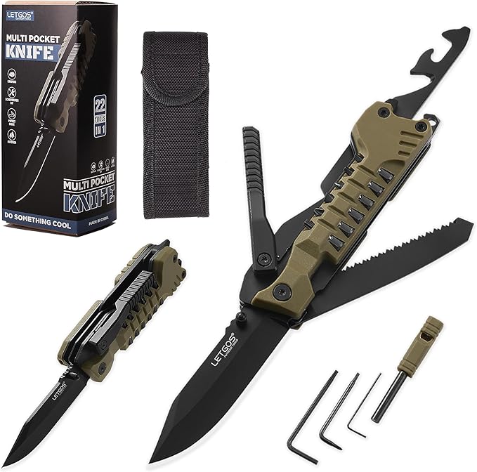 Multi Pocket Knife 22 in 1Survival Gear EDC Tools with Nylon Sheath Emergency Camping Hiking Hunting Gift for Men Women (Desert Gray)