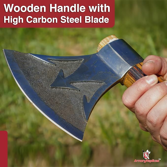 Armory Replicas™ Split Seas Outdoor Axe – 26 Handmade High Carbon Steel Axe with Sheesham Wood Handle – Trident Motif Functional Camping Tool or Decorative Display Piece