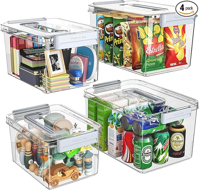 Plastic Storage Bins with Lids Stackable organization and Storage Containers for Organizing Snacks Crafts Tools Clear Storage Box with Latching handle(Clear 2PCS-4.5QT 2PCS-8.5QT)