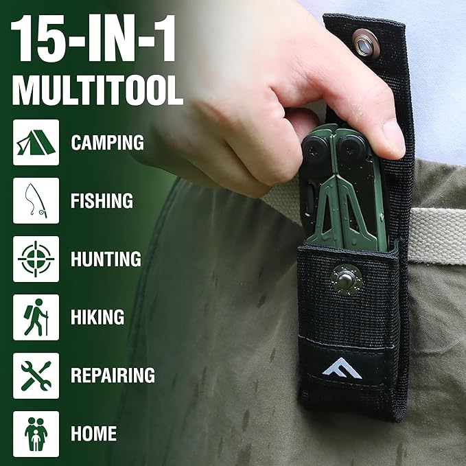 FLISSA Multitool 15-in-1 Multi Tool Pocket Knife with Sheath Stainless Steel EDC Multitool Pliers for Men All-in-One Tools for Camping Fishing Survival – Ideal Christmas Gift for Man
