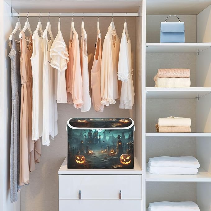 YETTASBIN Halloween Pumpkin Storage Basket with Lid and Handles Large Collapsible Fabric Storage Bins Sturdy Storage Organizer for Shelves Closet Bedroom School Office Home Decor